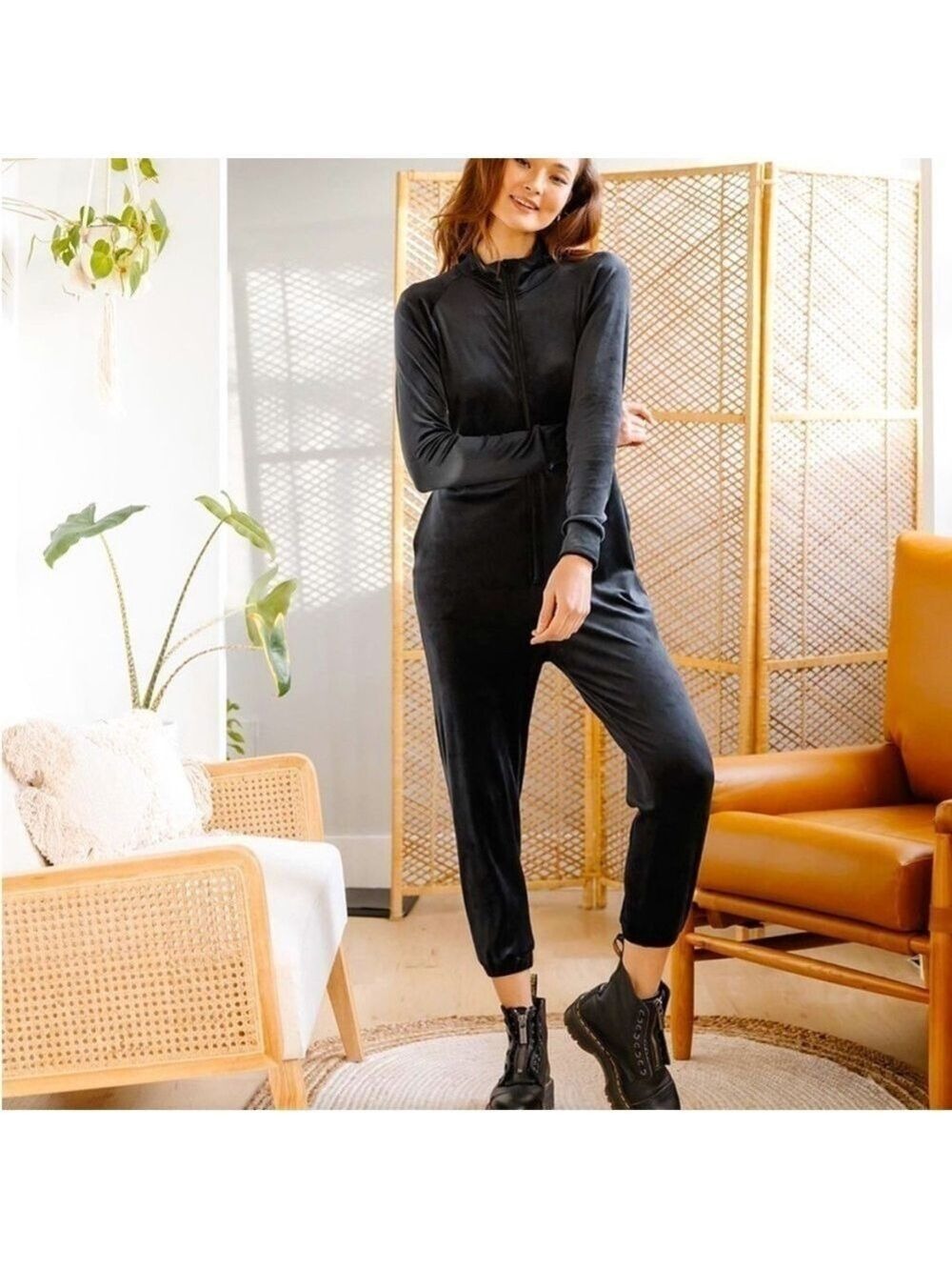 NWOT Smash + Tess The Rock It Black Velour Zip Romper Long Sleeve Jumpsuit Small